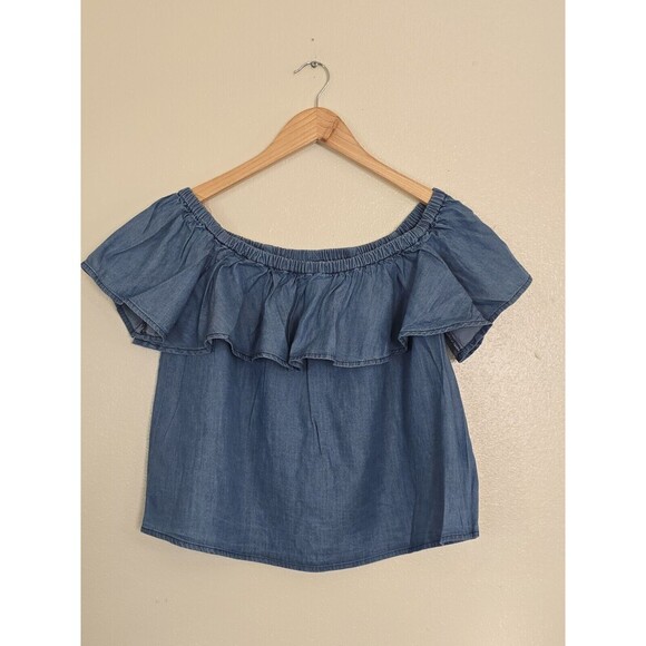 GB Off Shoulder Chambray Top Womens Size Small Ruffle Blue - Picture 1 of 6